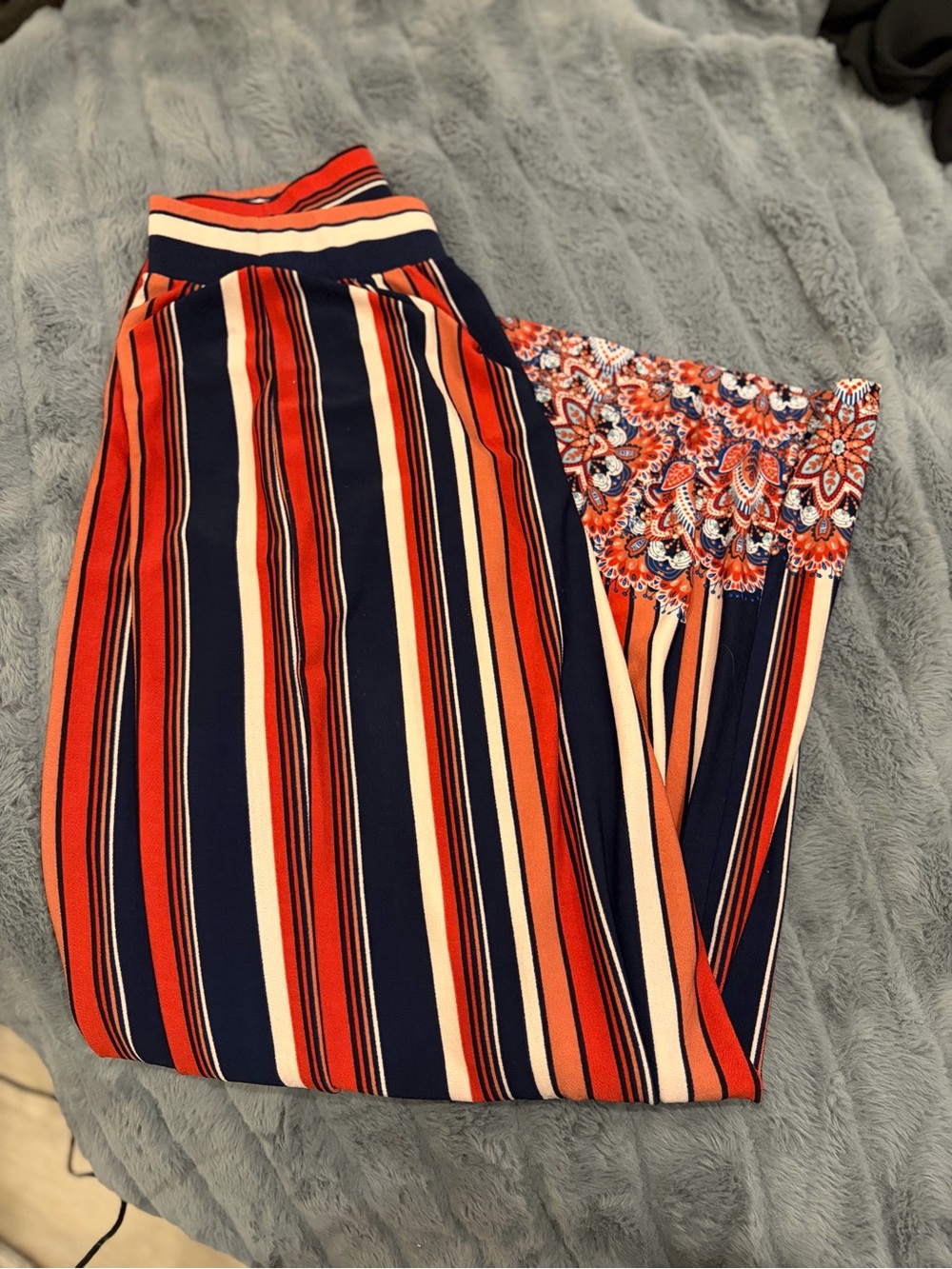 Wide Leg Striped Pants with Smocked Waistband - Navy & Red
